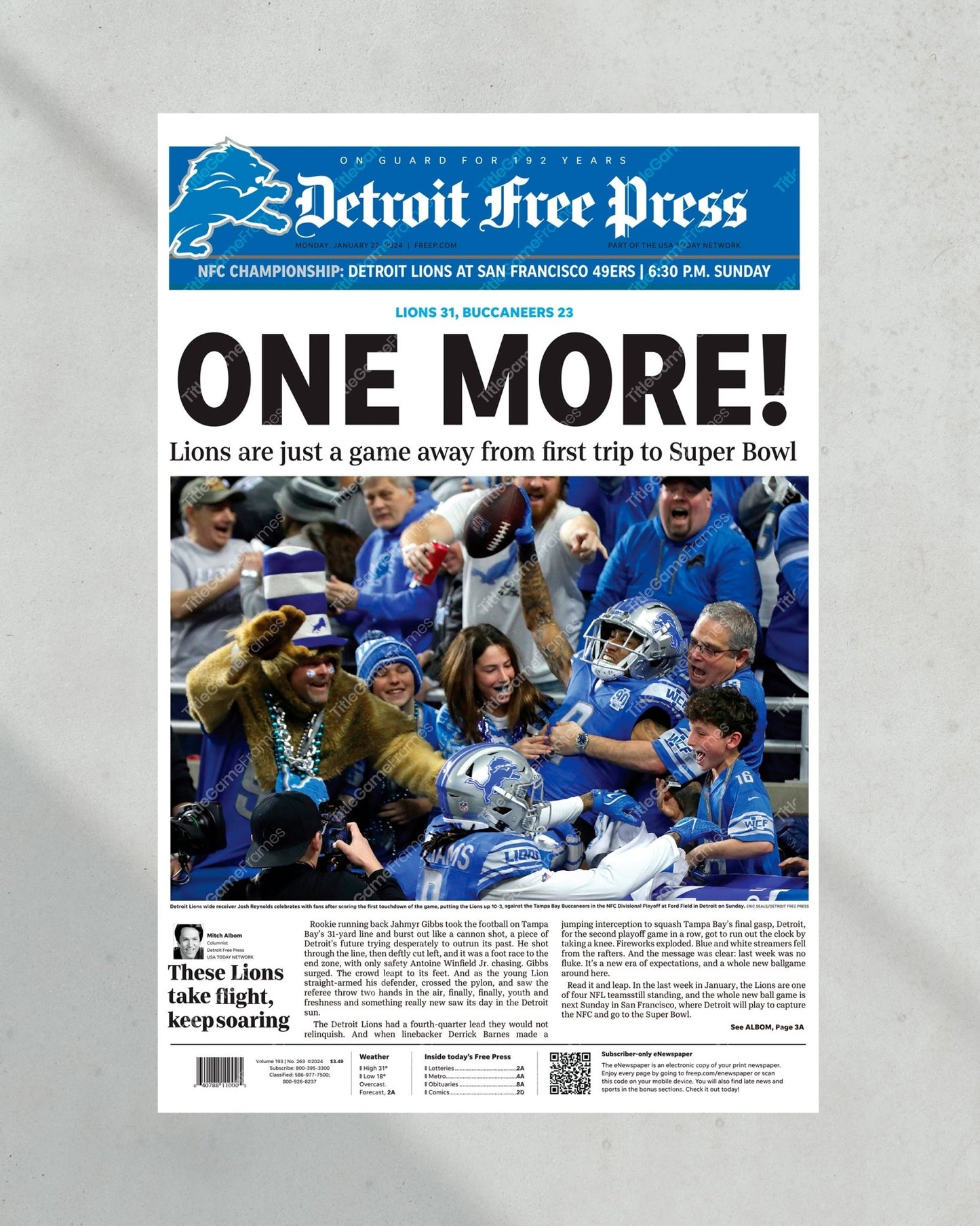 2024 Lions' Playoff March - 'One More' - Framed Newspaper Keepsake - Title Game Frames