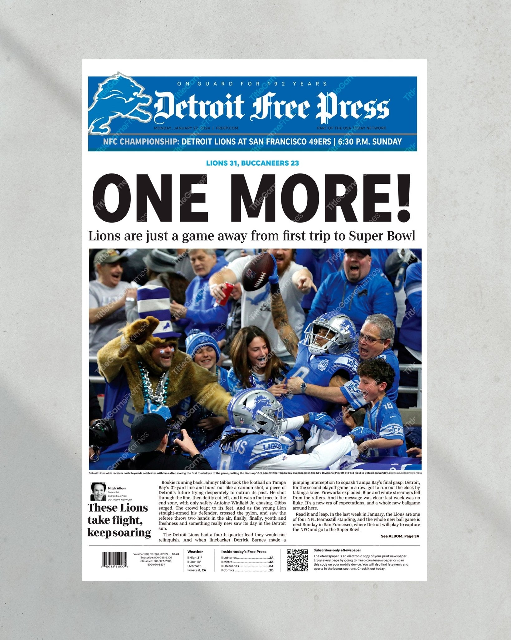 2024 Lions' Playoff March - 'One More' - Framed Newspaper Keepsake - Title Game Frames