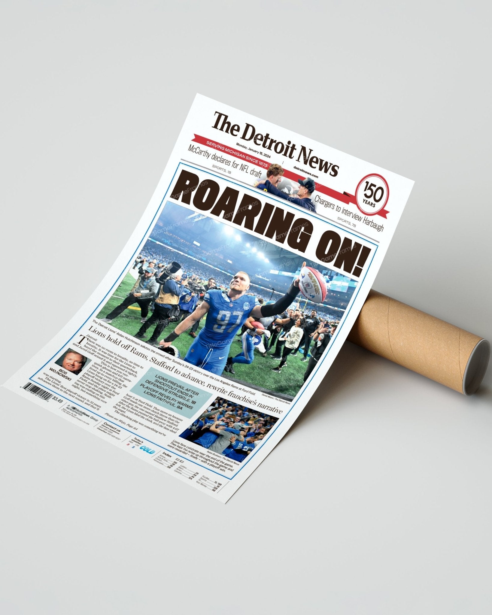 2024 Lions' Playoff Triumph - 'Roaring On' - Framed Newspaper Collectible - Title Game Frames