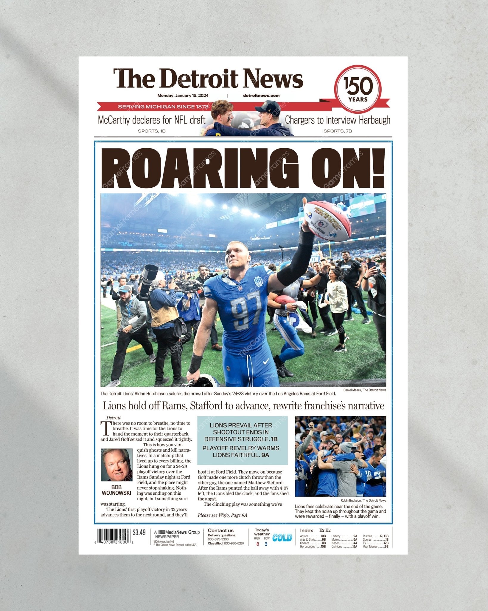 2024 Lions' Playoff Triumph - 'Roaring On' - Framed Newspaper Collectible - Title Game Frames