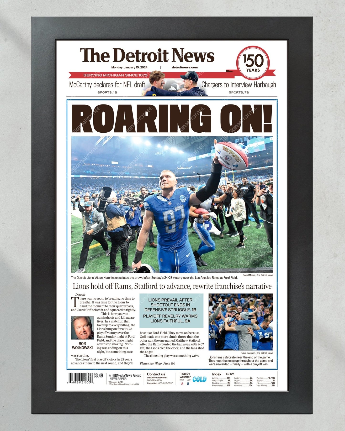 2024 Lions' Playoff Triumph - 'Roaring On' - Framed Newspaper Collectible - Title Game Frames