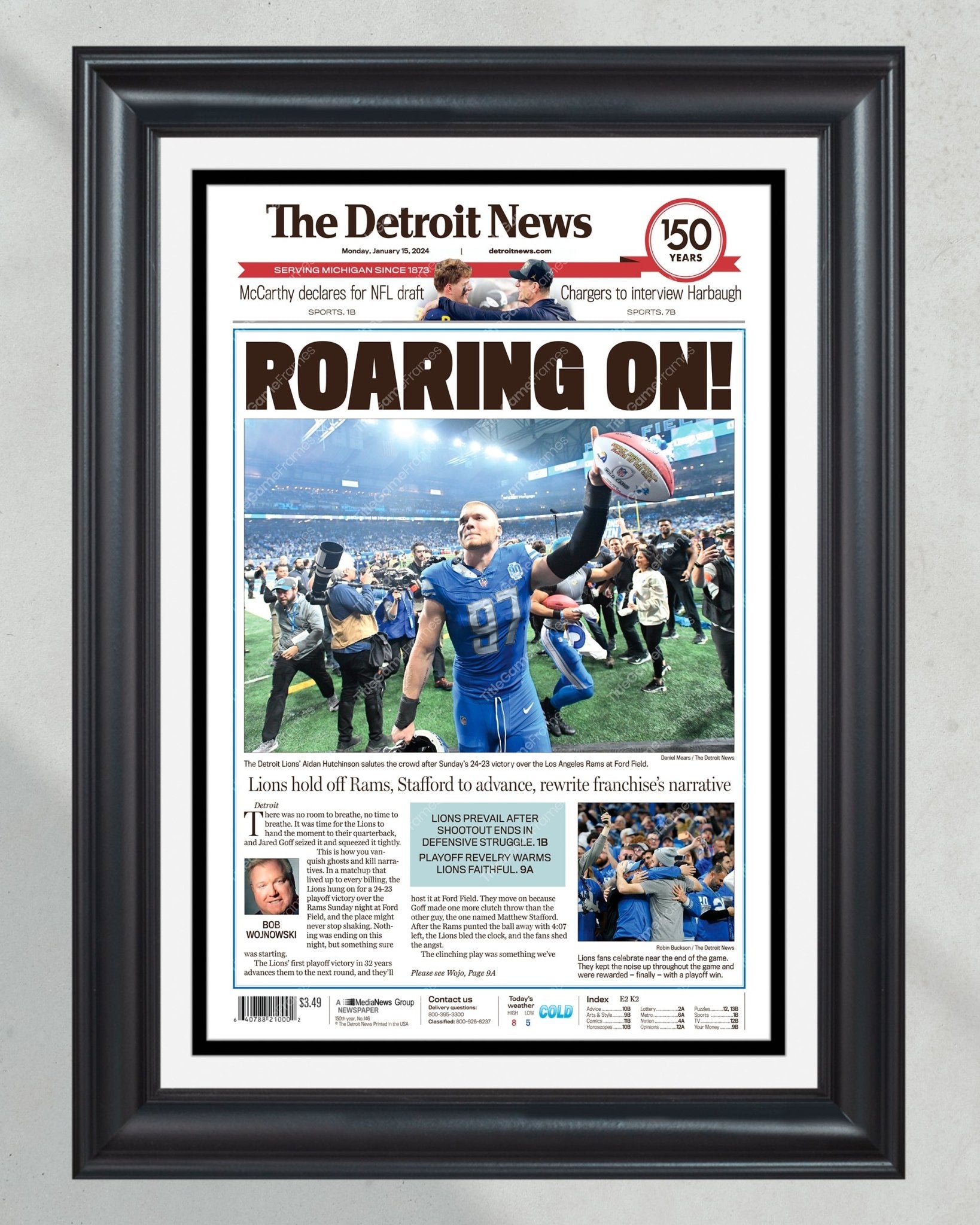 2024 Lions' Playoff Triumph - 'Roaring On' - Framed Newspaper Collectible - Title Game Frames