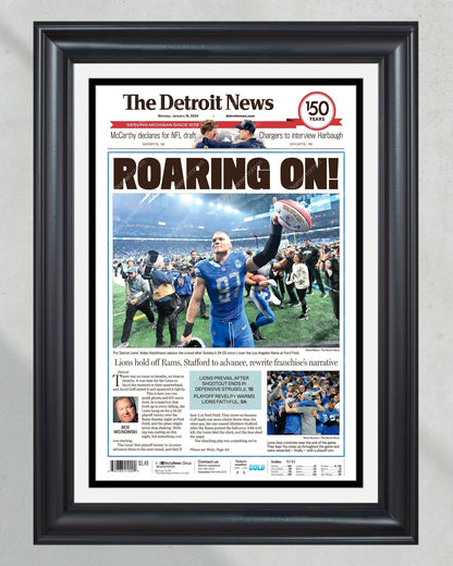 2024 Lions' Playoff Triumph - 'Roaring On' - Framed Newspaper Collectible - Title Game Frames