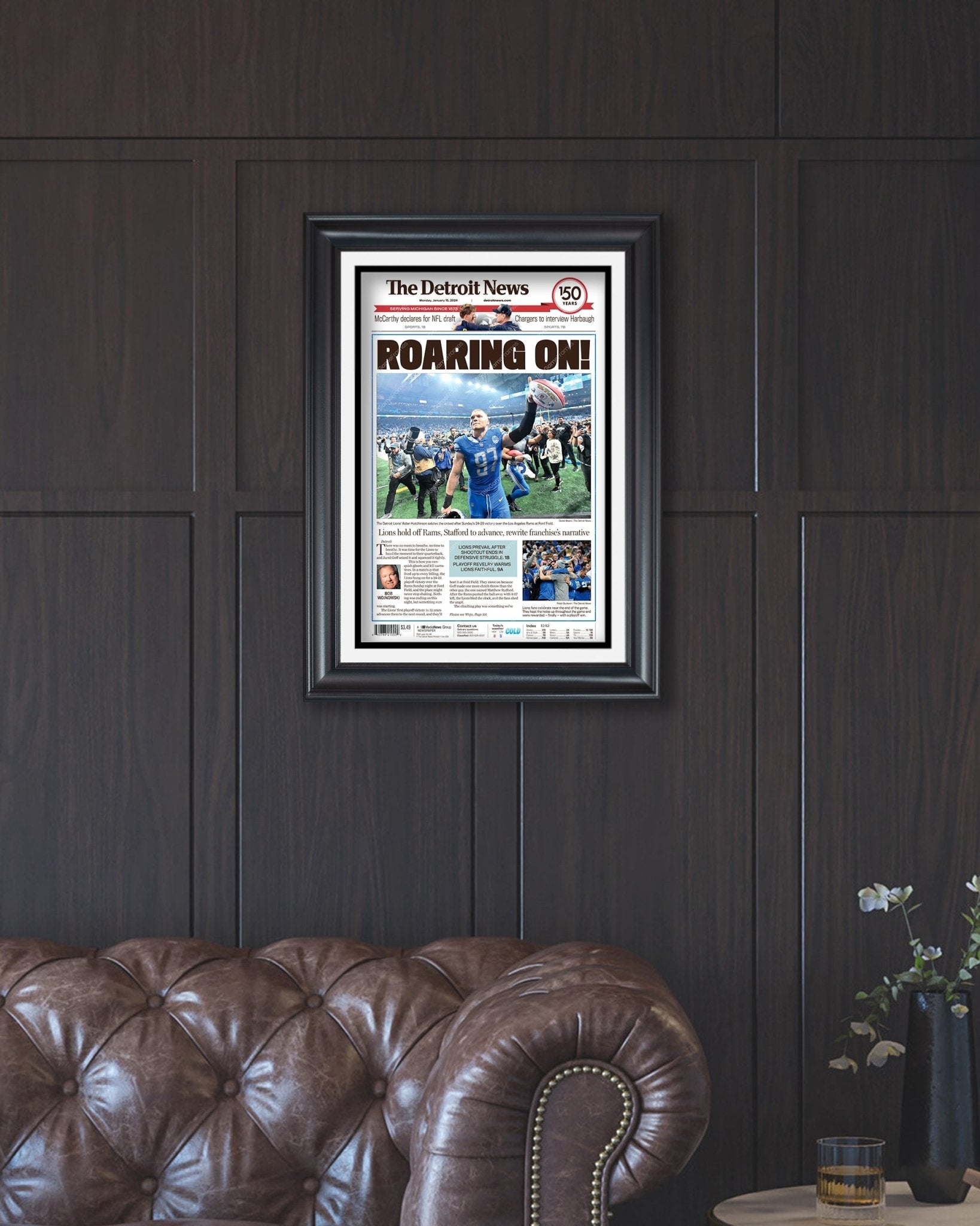 2024 Lions' Playoff Triumph - 'Roaring On' - Framed Newspaper Collectible - Title Game Frames