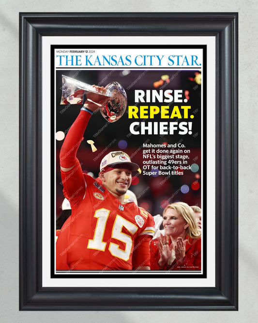 2024 Mahomes Leads Chiefs to Super Bowl LVIII Glory: Framed Newspaper - Title Game Frames