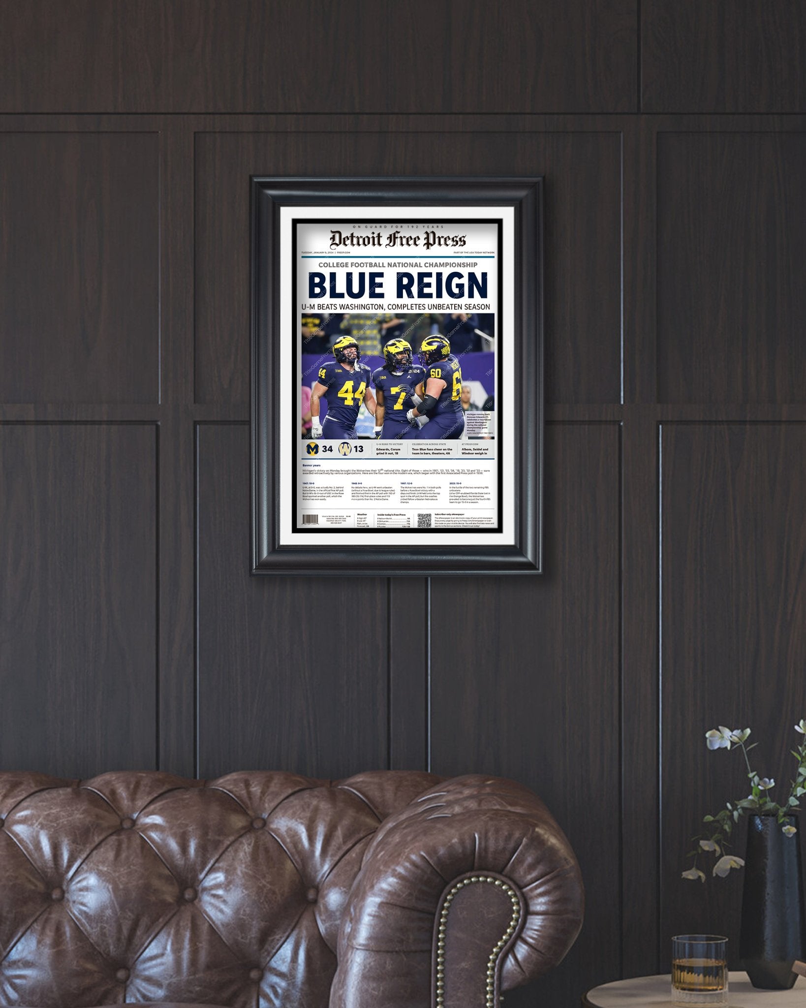 2024 Michigan Wolverines National Championship: 'Blue Reign' - Framed Newspaper Print - Title Game Frames