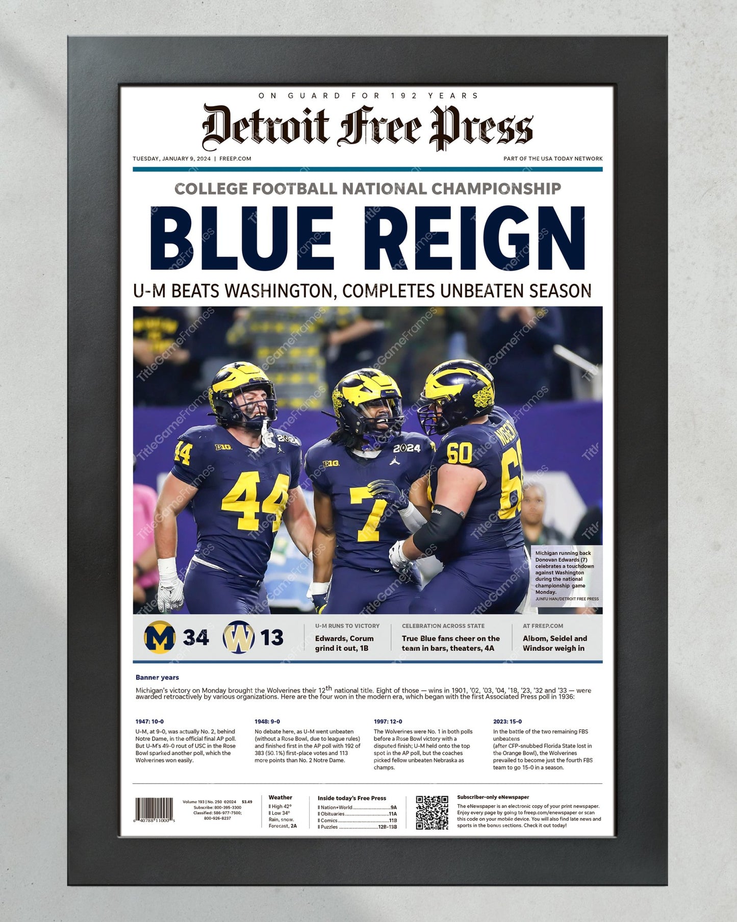 2024 Michigan Wolverines National Championship: 'Blue Reign' - Framed Newspaper Print - Title Game Frames