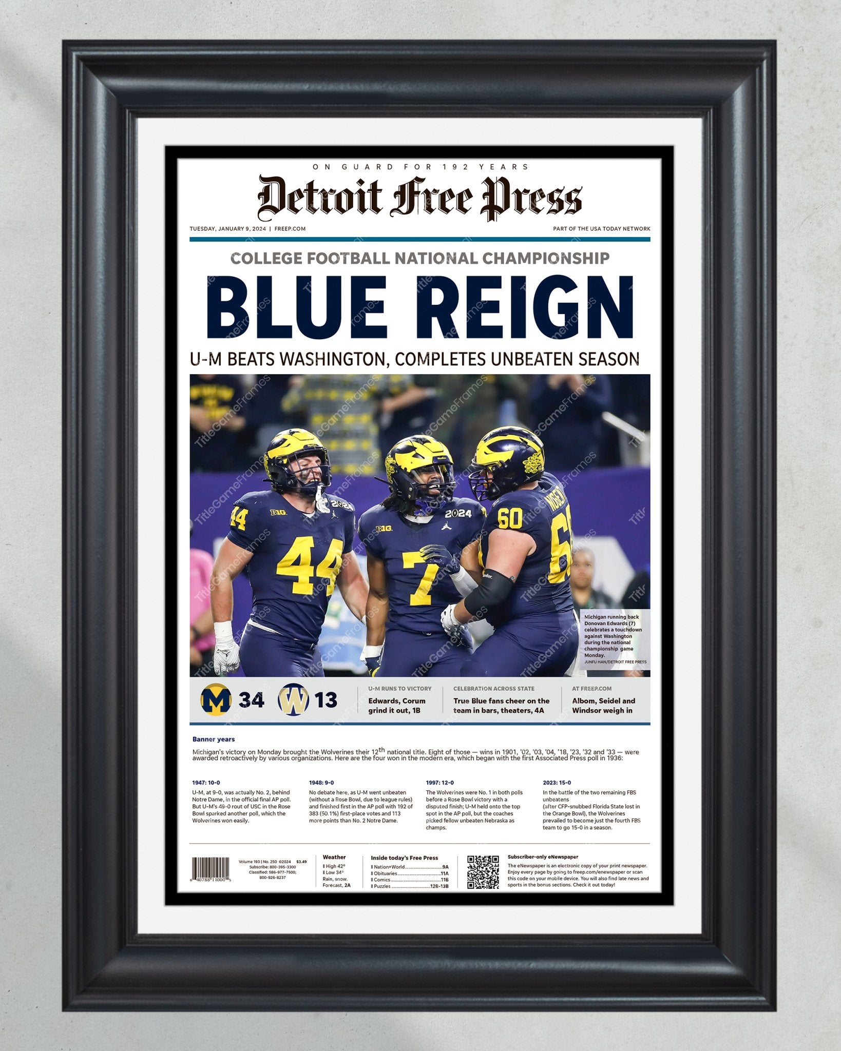 2024 Michigan Wolverines National Championship: 'Blue Reign' - Framed Newspaper Print - Title Game Frames