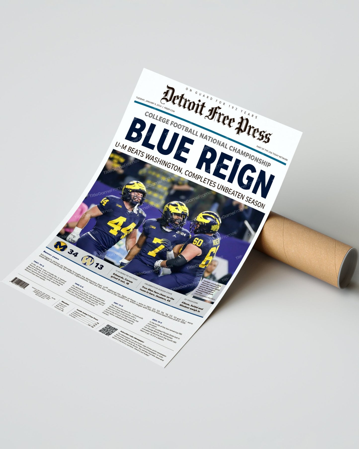 2024 Michigan Wolverines National Championship: 'Blue Reign' - Framed Newspaper Print - Title Game Frames