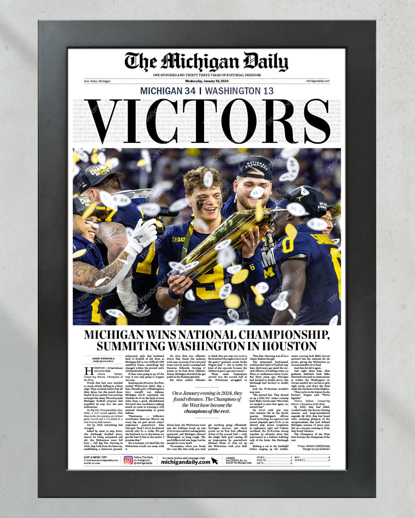 2024 Michigan Wolverines National Championship 'VICTORS' -Michigan Daily Framed Print - Title Game Frames