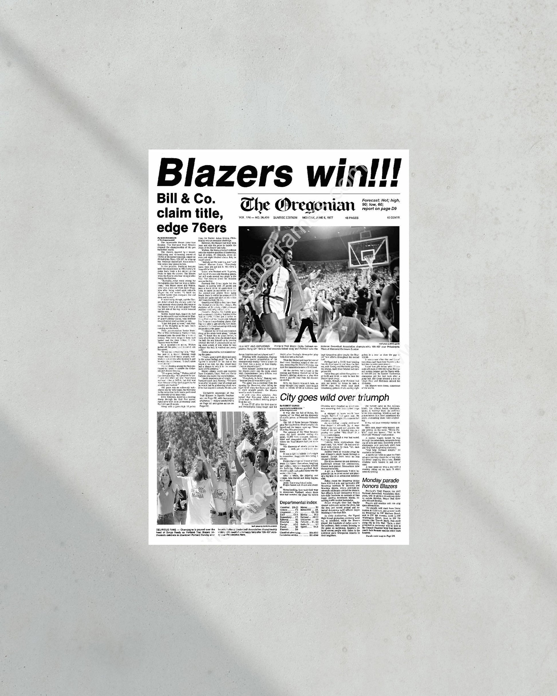1977 Portland Trailblazers NBA Champion Framed Front Page Newspaper Print - Title Game Frames