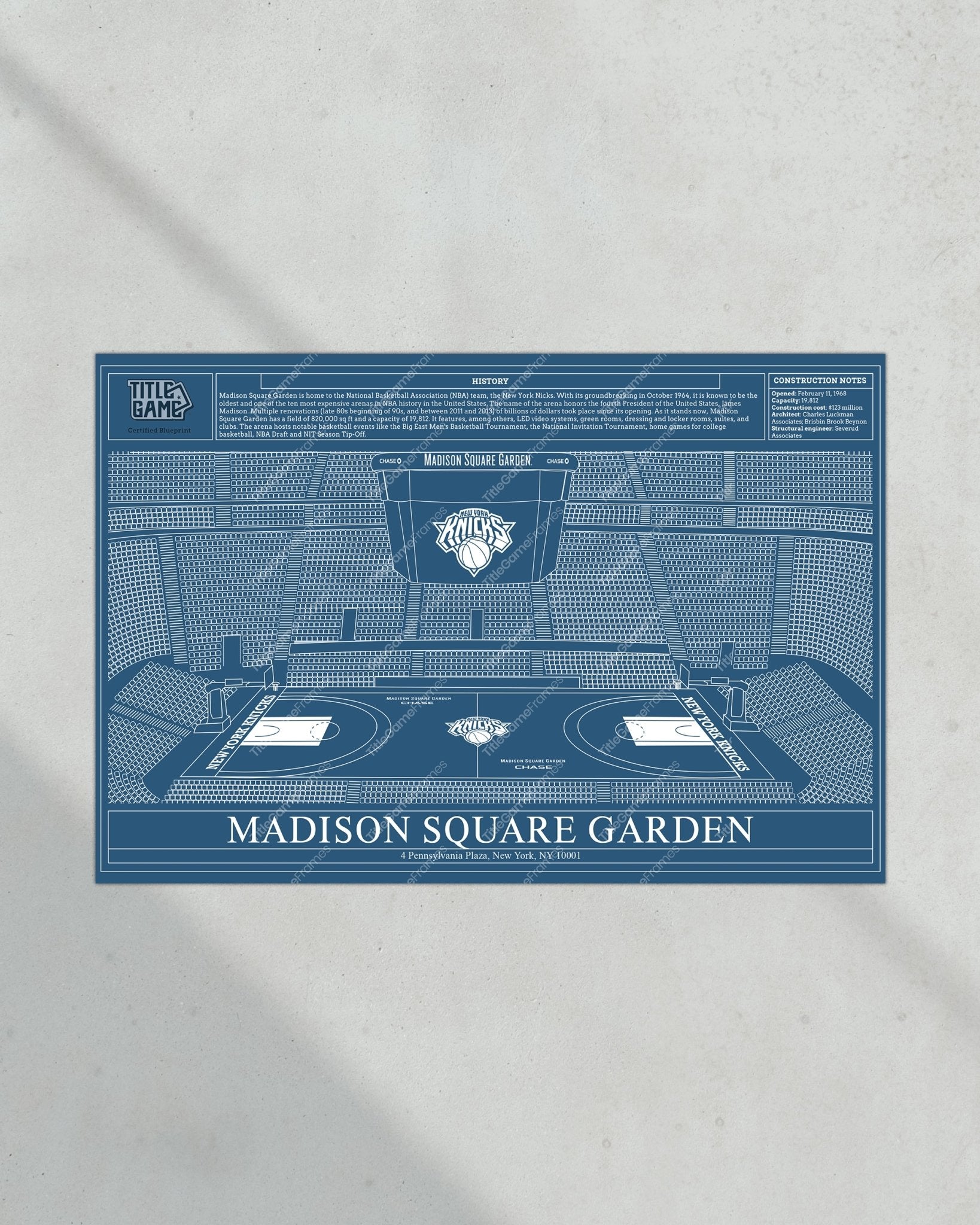 New York Knicks Madison Square Garden NBA Basketball Stadium Blueprint - Title Game Frames