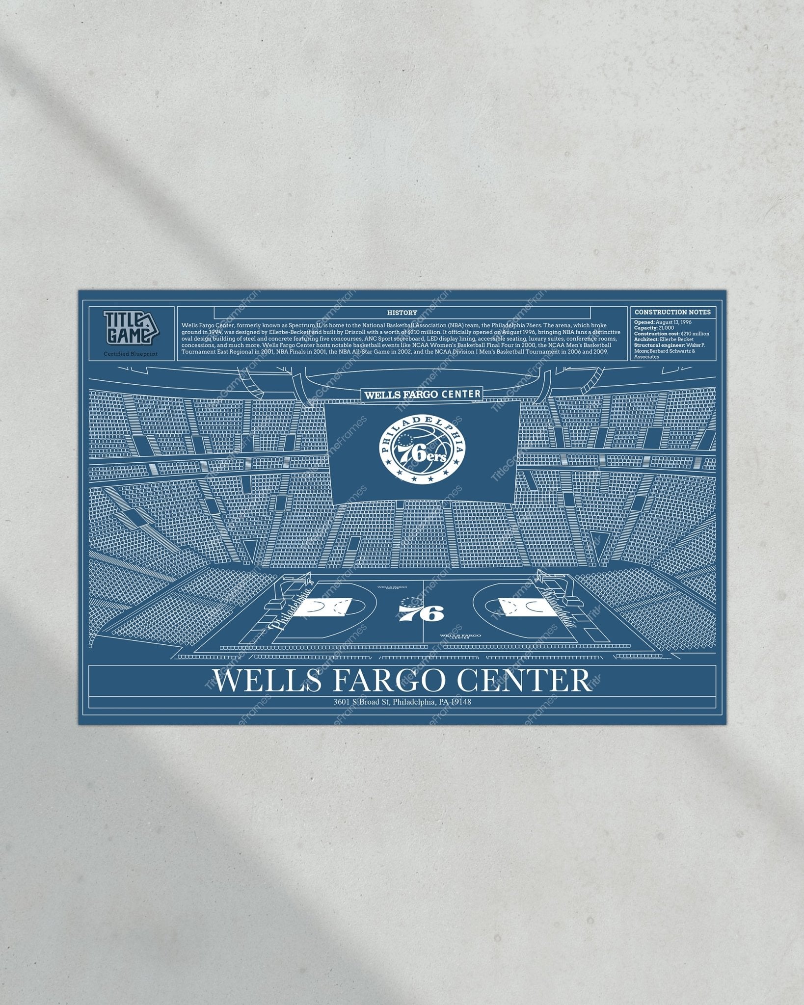 Philadelphia 76ers Wells Fargo Center NBA Basketball Stadium Blueprint - Title Game Frames