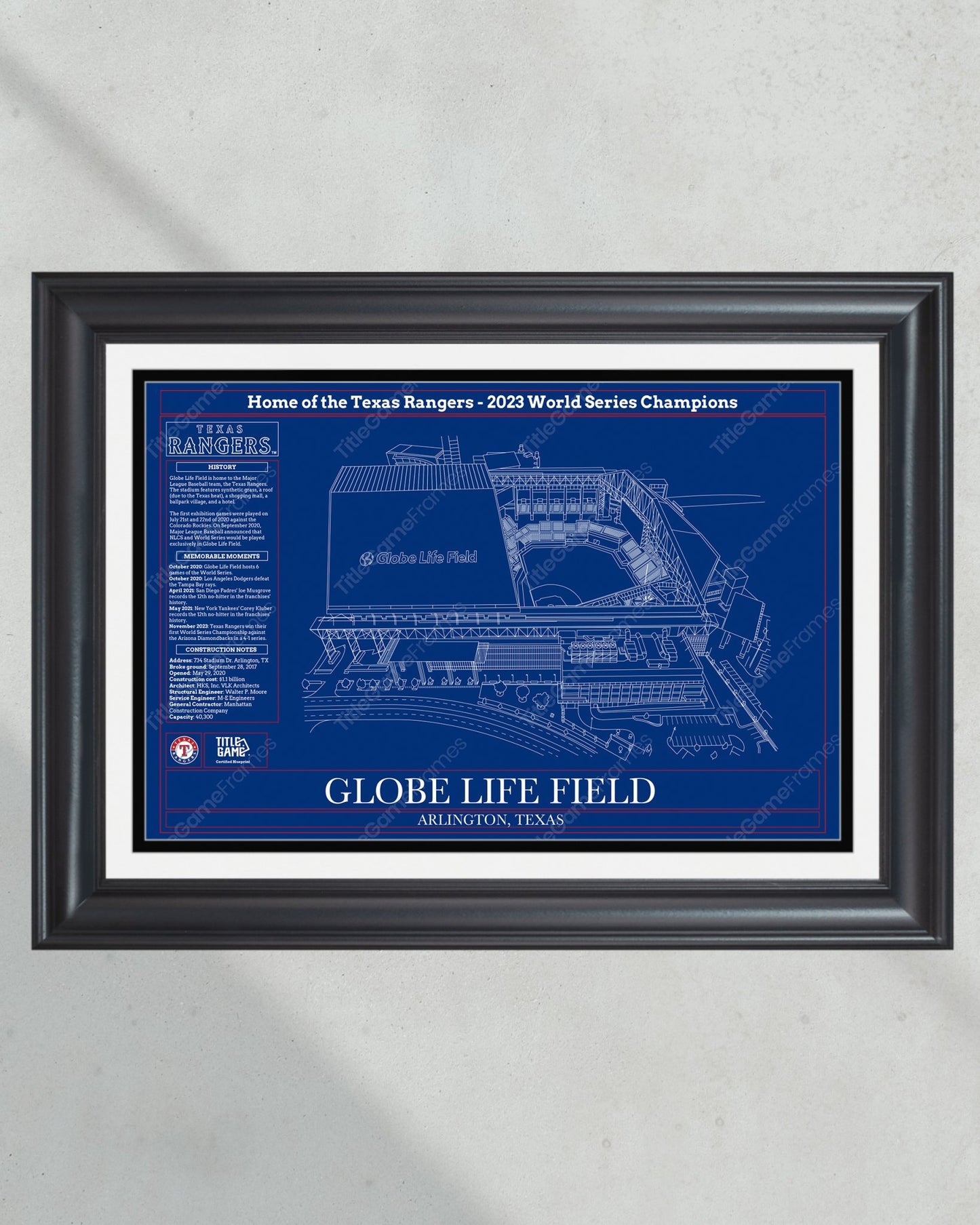 Texas Rangers Globe Life Field Ballpark Blueprint Baseball Stadium Wall Art - Title Game Frames