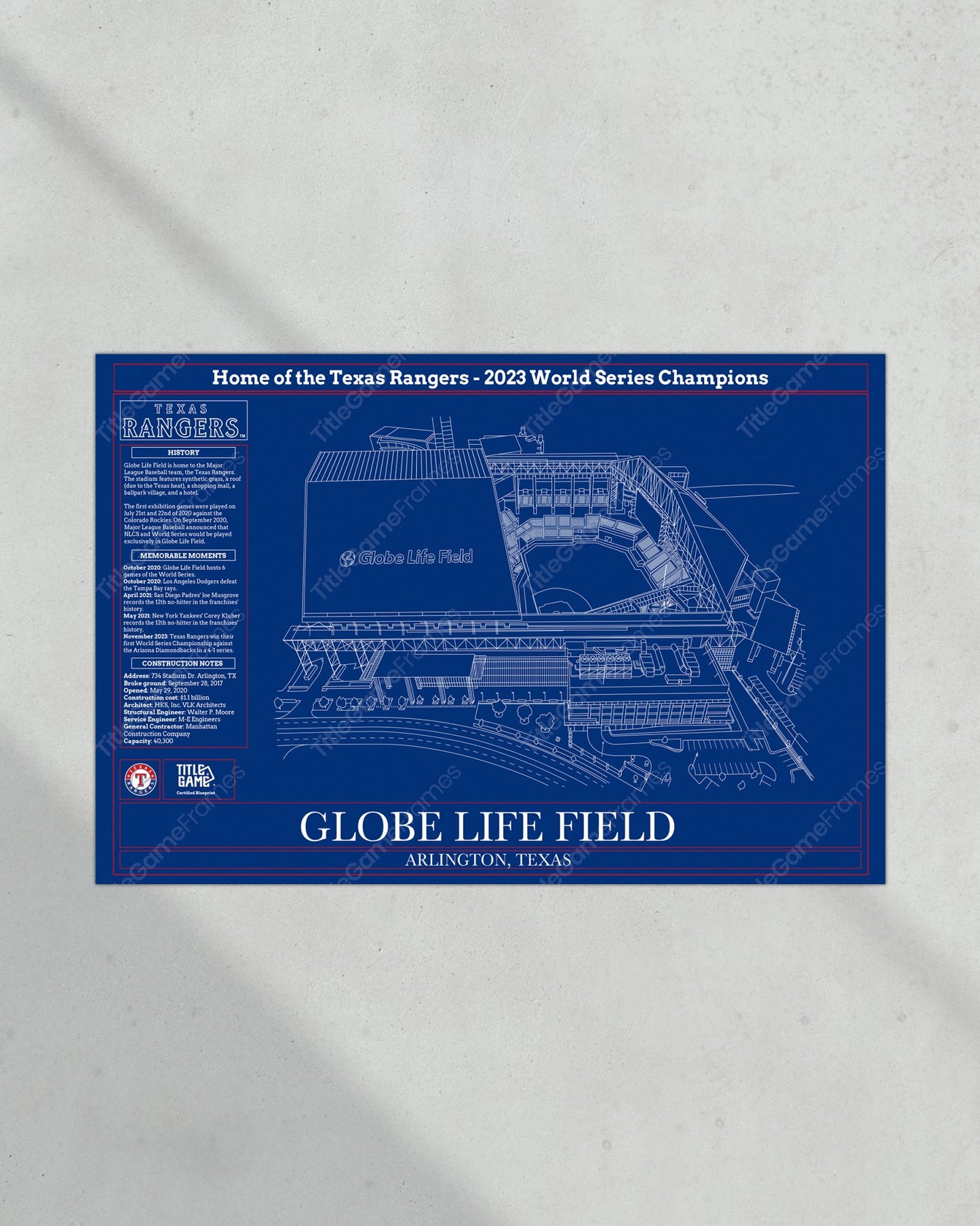 Texas Rangers Globe Life Field Ballpark Blueprint Baseball Stadium Wall Art - Title Game Frames