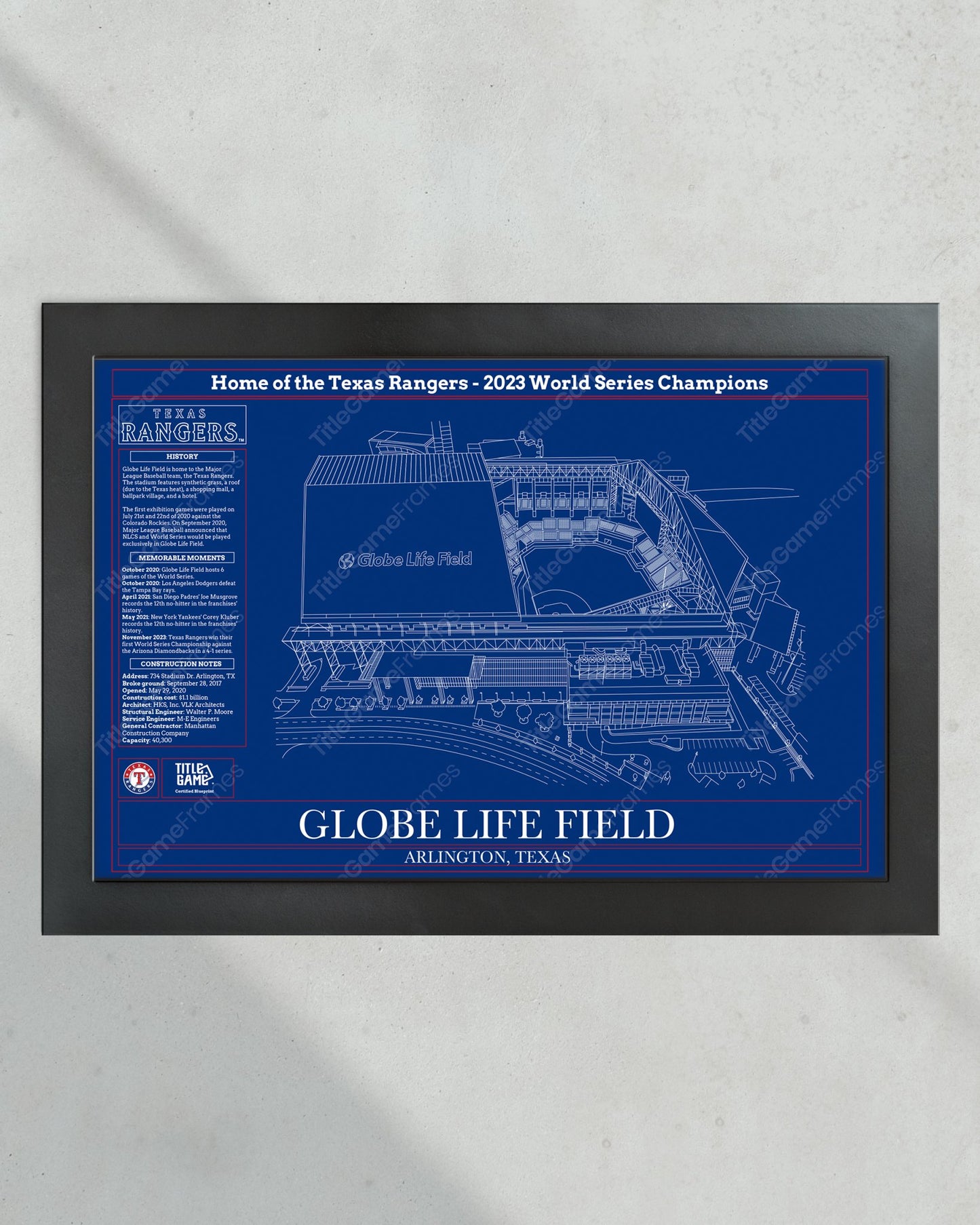 Texas Rangers Globe Life Field Ballpark Blueprint Baseball Stadium Wall Art - Title Game Frames