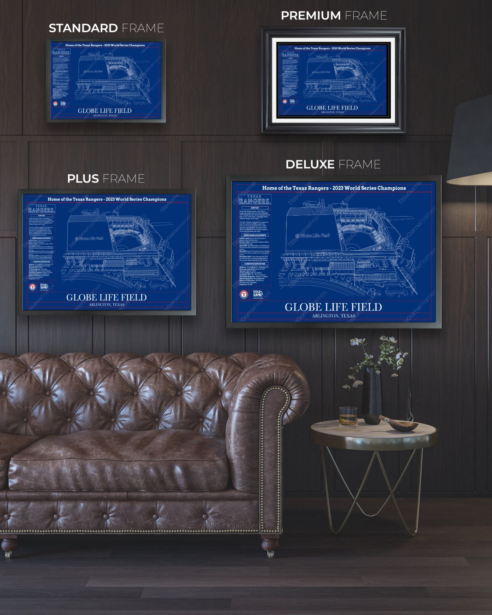 Texas Rangers Globe Life Field Ballpark Blueprint Baseball Stadium Wall Art - Title Game Frames